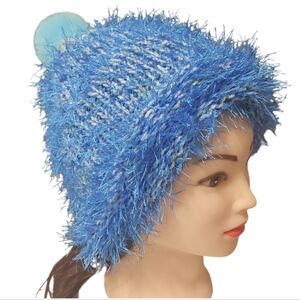 Hand Crafted Bright Blue Fuzzy Knit Beanie Handmade Faux Fur Crochet Unisex Hat